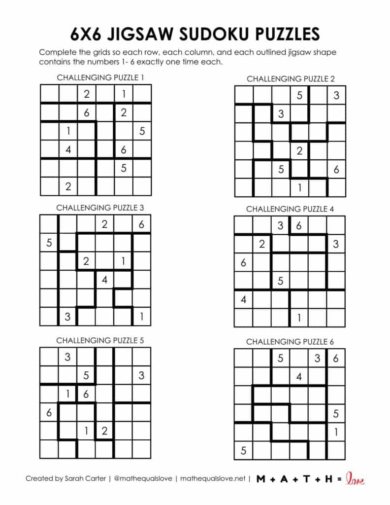 jigsaw sudoku puzzle 6x6 level challenging. 