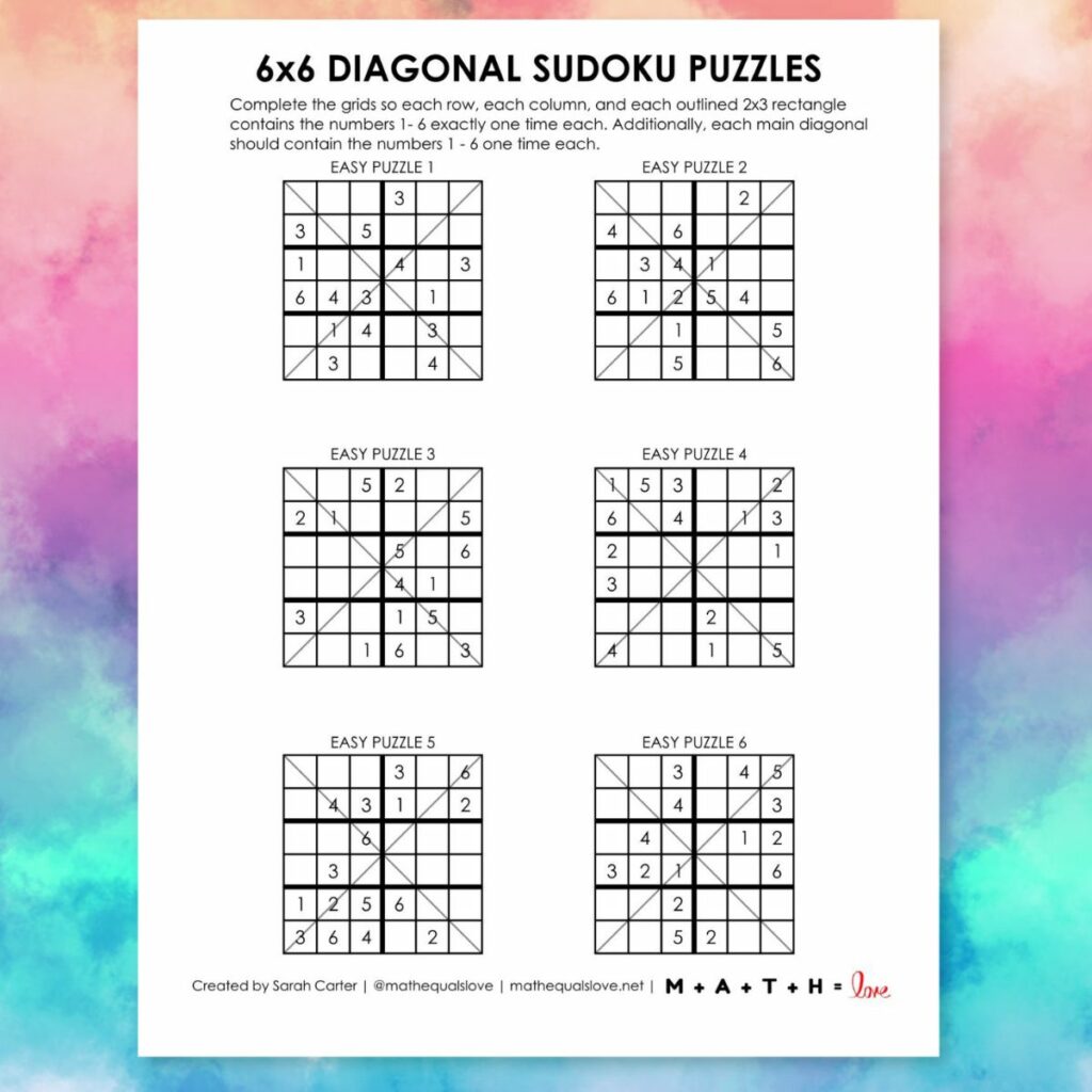 6x6 diagonal sudoku puzzles printable. 