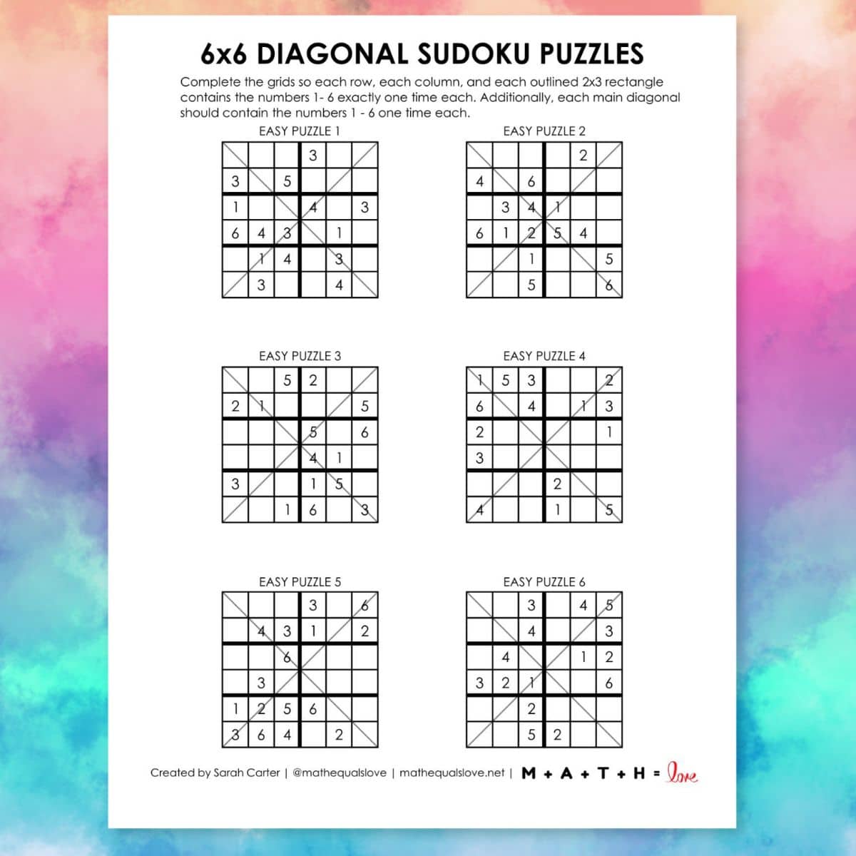 6x6 diagonal sudoku puzzles printable.