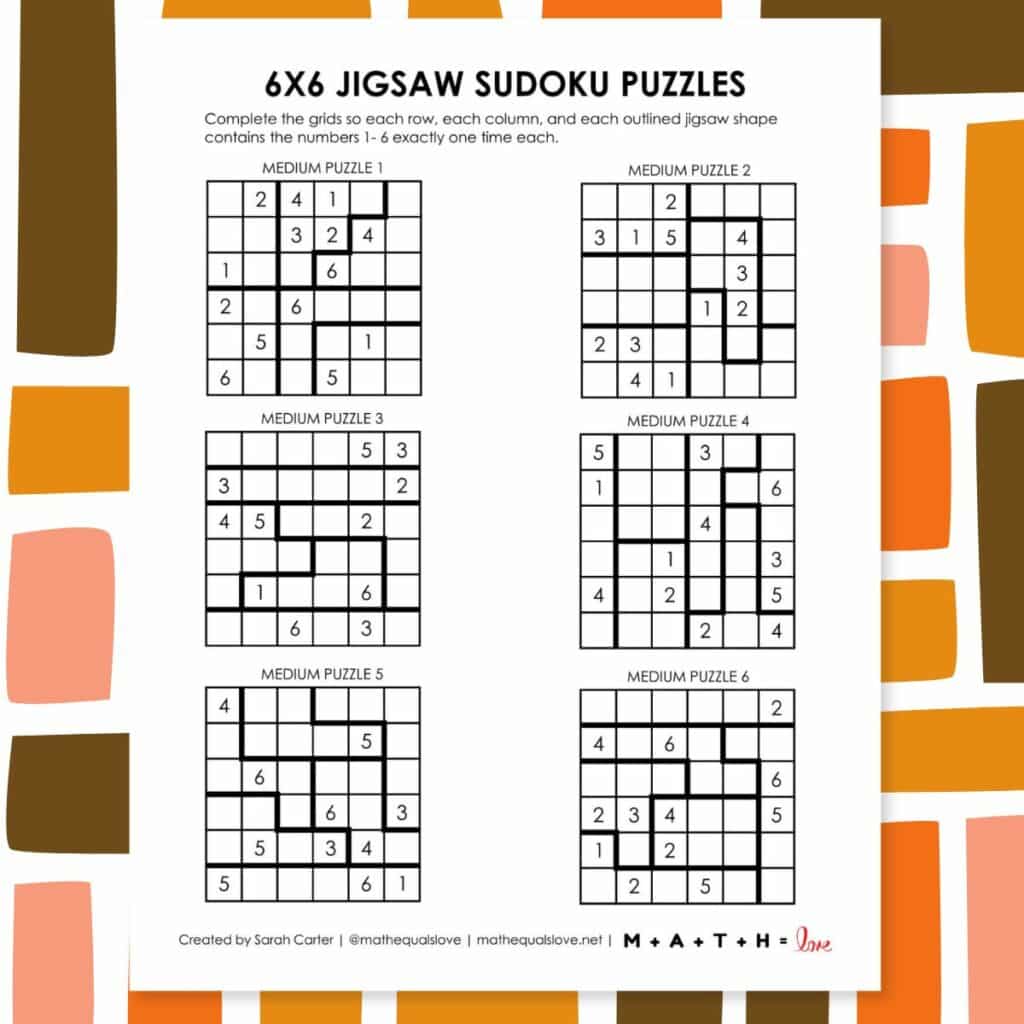 6x6 jigsaw sudoku puzzle printable. 