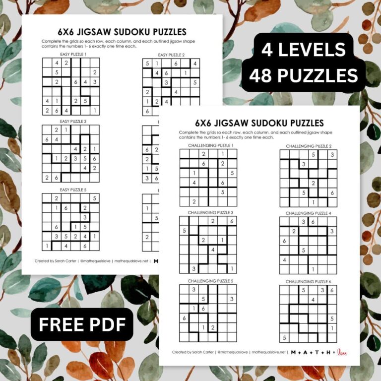 6x6 Jigsaw Sudoku Puzzles (Free Printable PDF)
