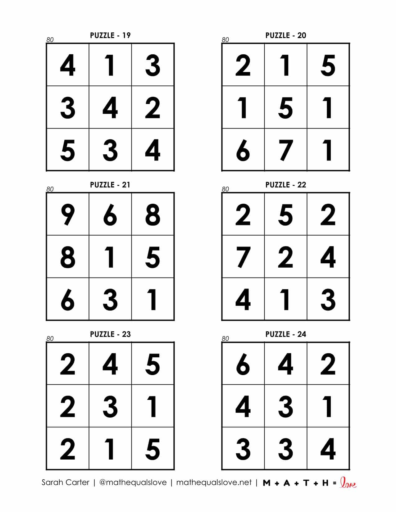 80 Square Digit Addition Logic Puzzles | Math = Love