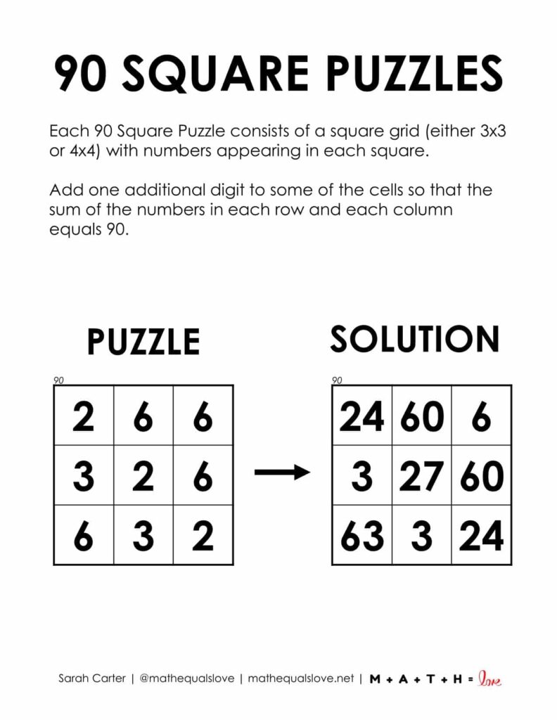 screenshot of instruction page for 90 square puzzles. 