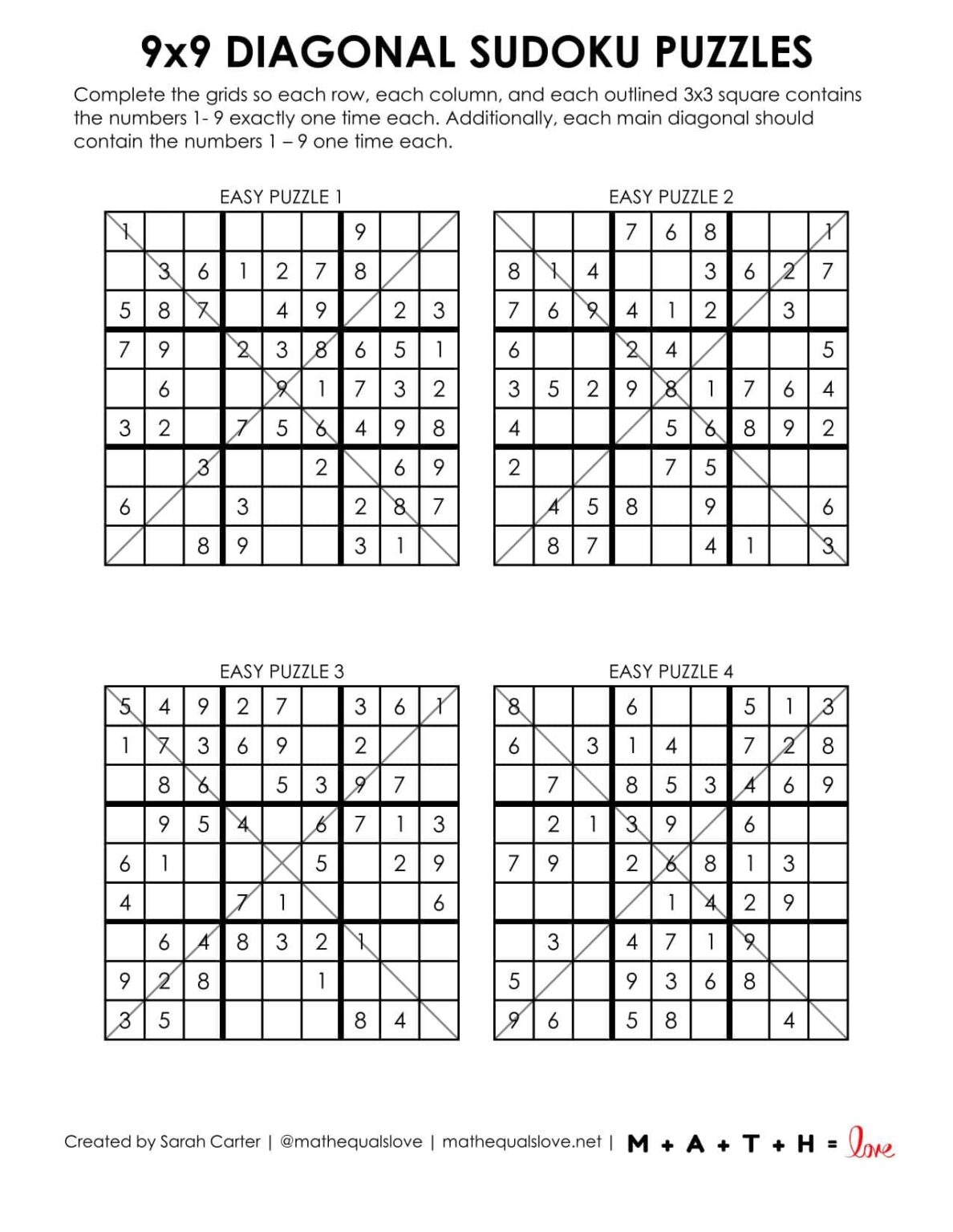 9x9 Diagonal Sudoku Puzzles | Math = Love