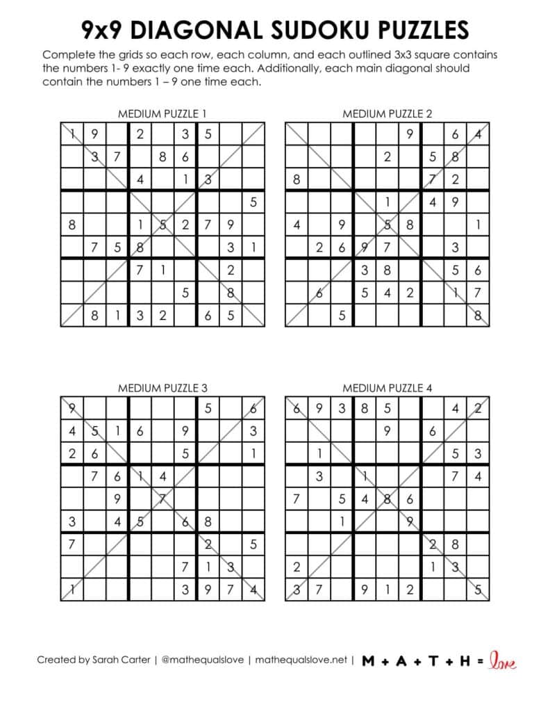 9x9 diagonal sudoku printable - level medium. 