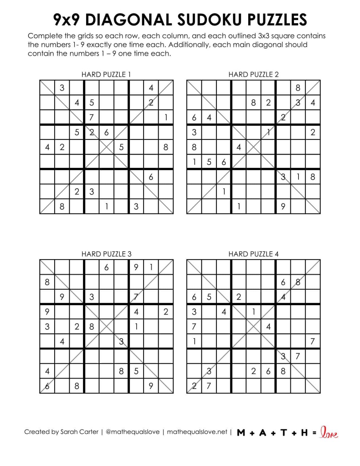 9x9 Diagonal Sudoku Puzzles | Math = Love