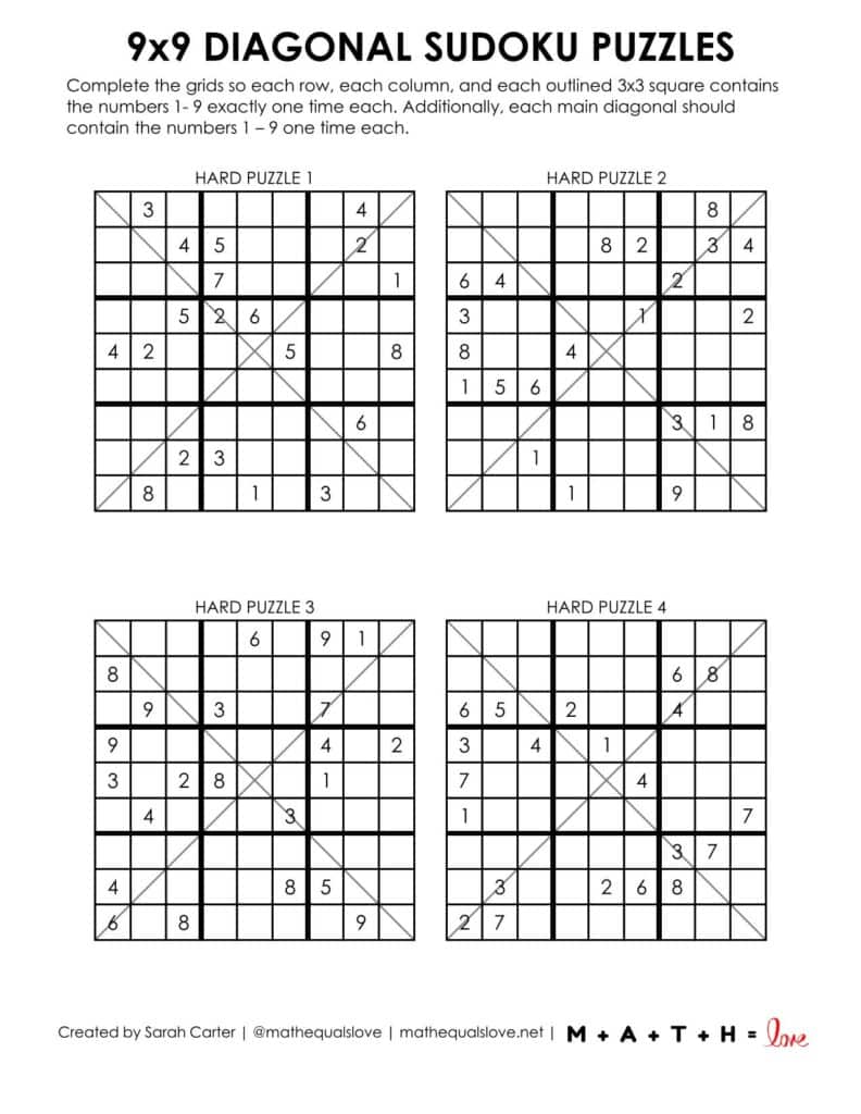 9x9 diagonal sudoku puzzles - level hard. 