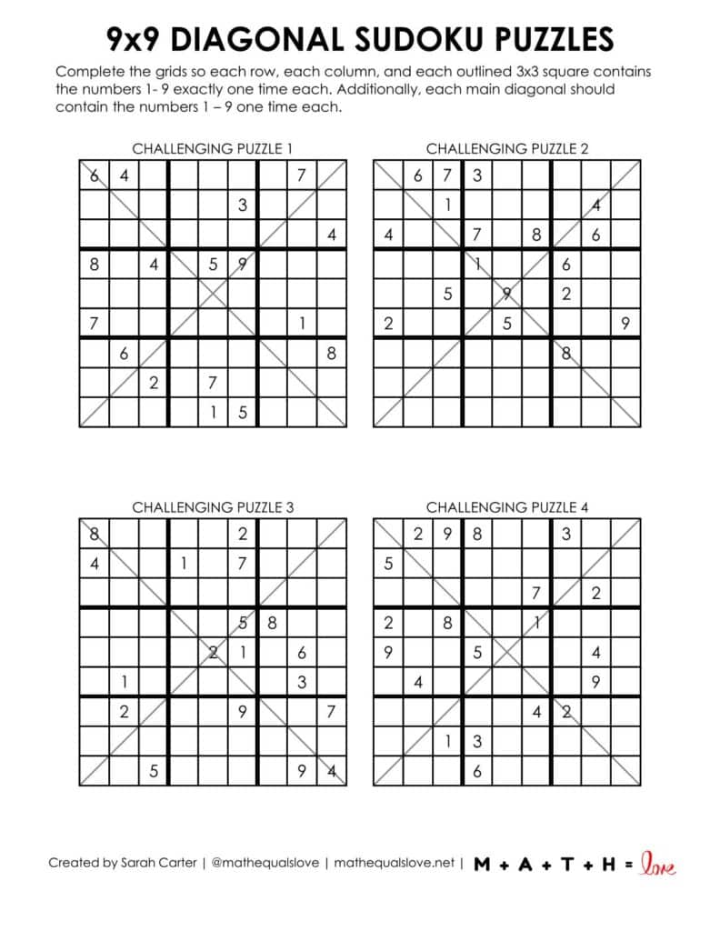 9x9 diagonal sudoku puzzles - level challenging. 