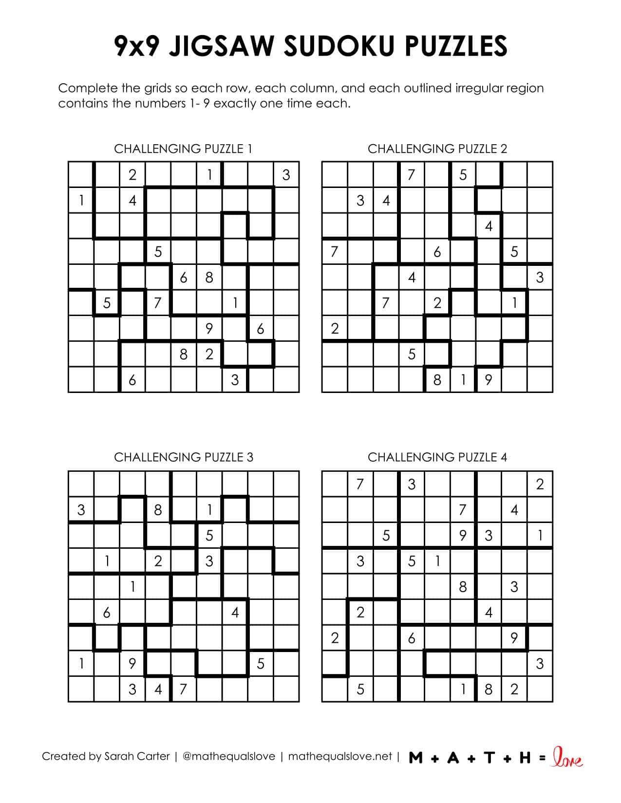 9x9 Jigsaw Sudoku Puzzles | Math = Love