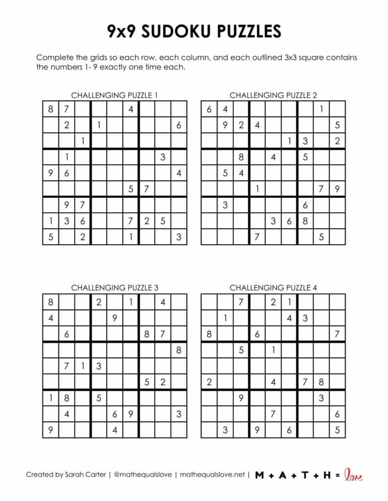 9x9 sudoku printable puzzle - level challenging. 
