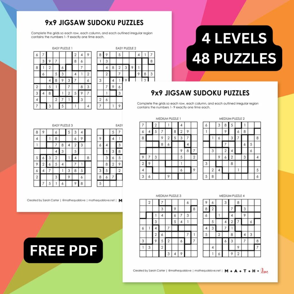 9x9 jigsaw sudoku printable puzzles - easy, medium, hard, challenging. 