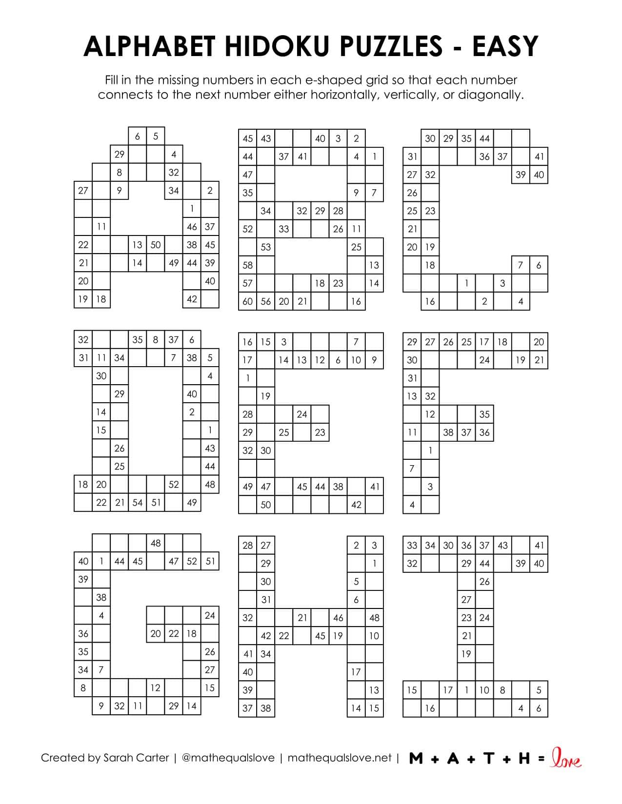 Alphabet A-Z Hidoku Logic Puzzles | Math = Love