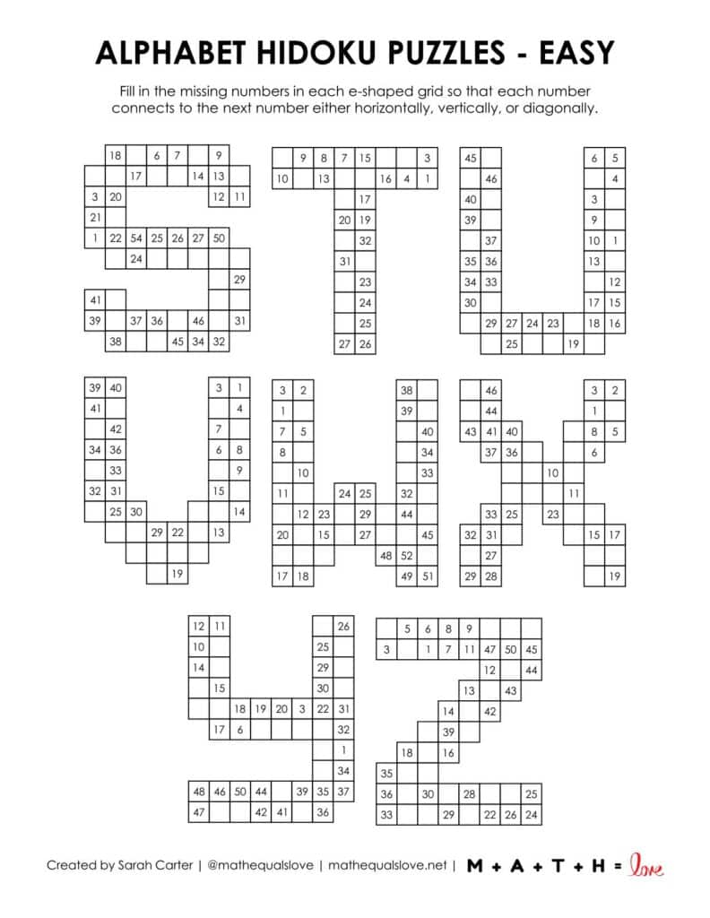 alphabet hidoku puzzles letters s to x. 