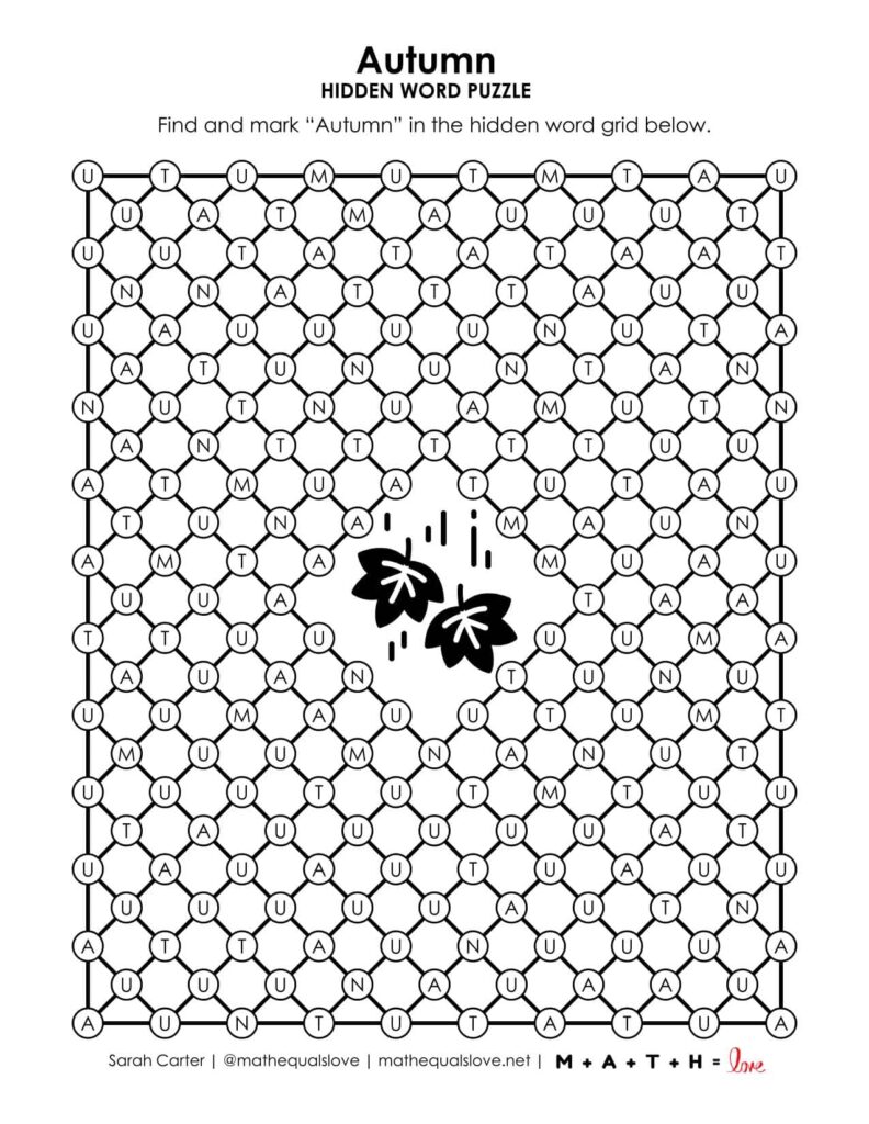 autumn hidden word puzzle for fall. 