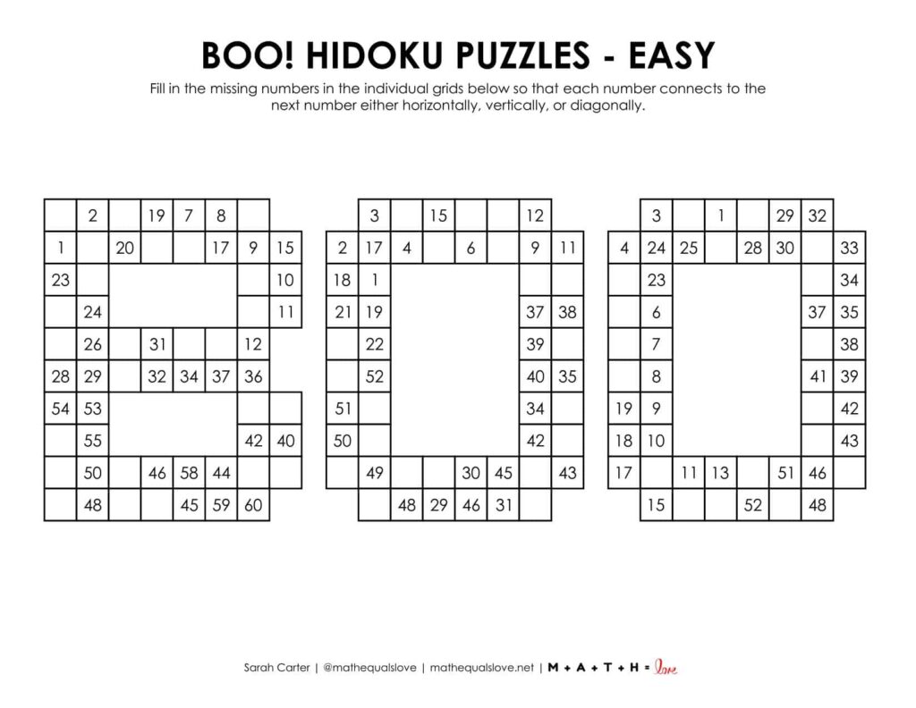 Boo! Halloween Hidoku Puzzle Level Easy. 