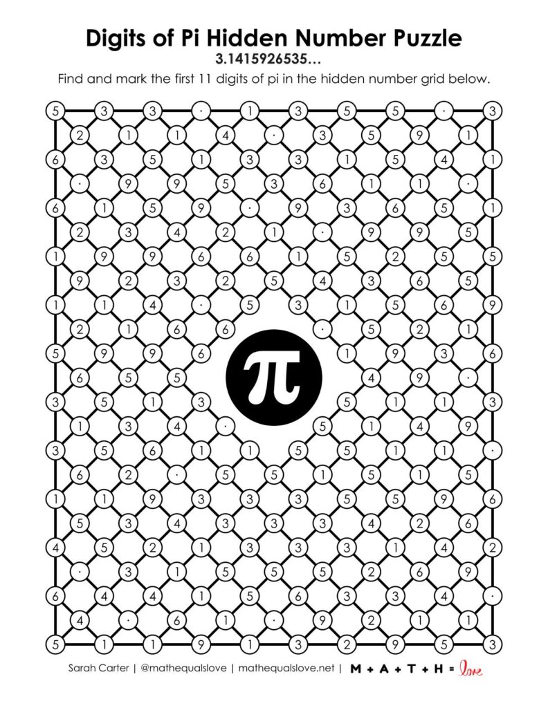 digits of pi hidden number puzzle for pi day. 