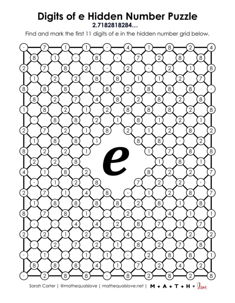 digits of e hidden number puzzle printable for e day.