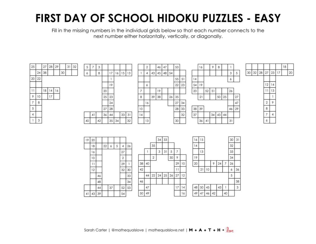first day of school hidoku logic puzzle - level easy. 