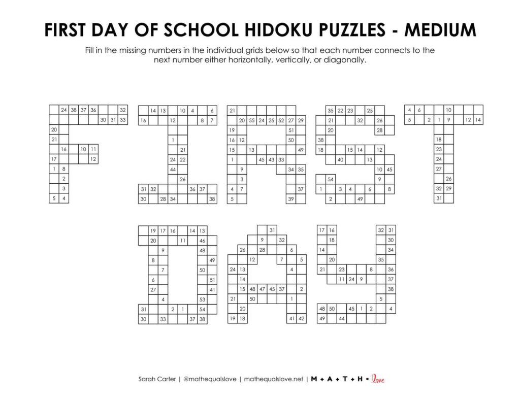 first day of school hidoku logic puzzle - level medium. 