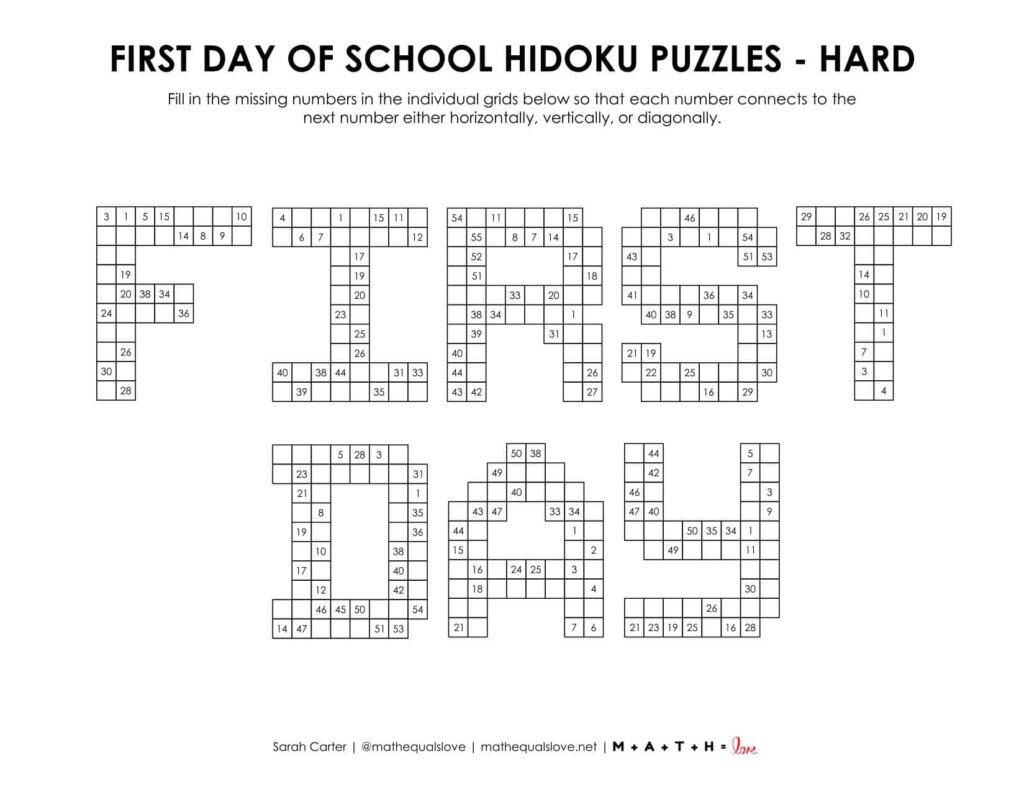 first day of school hidoku logic puzzle - level hard. 