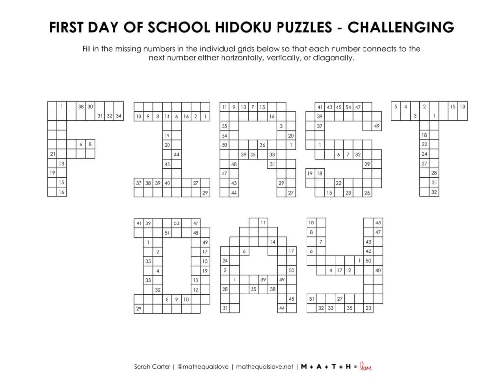 first day of school hidoku logic puzzle level challenging. 