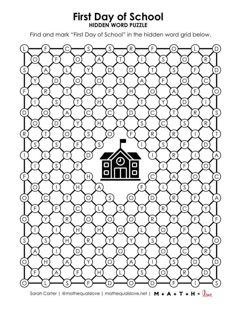 screenshot of first day of school hidden word puzzle. 