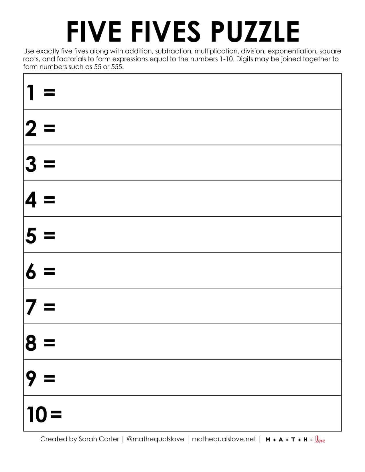 Five Fives Puzzle Math Love five-fives-puzzle-math-love