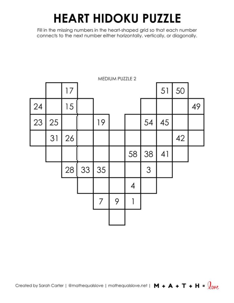 Heart Hidoku Puzzles for Valentine's Day | Math = Love