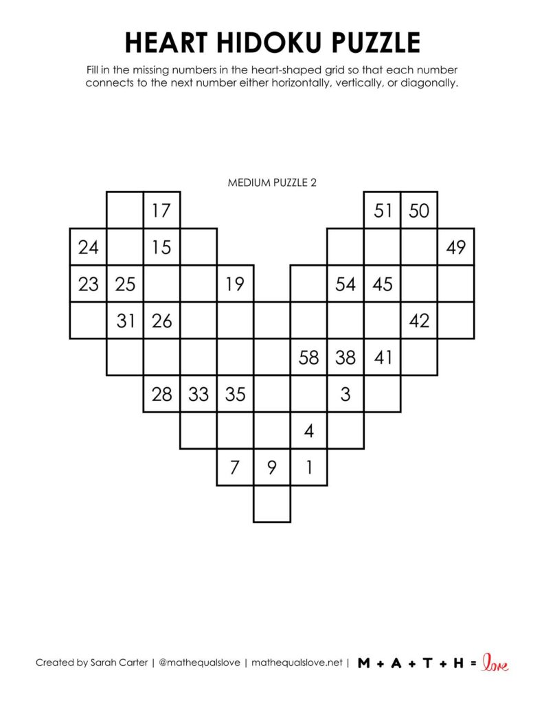 heart hidoku logic puzzle. 