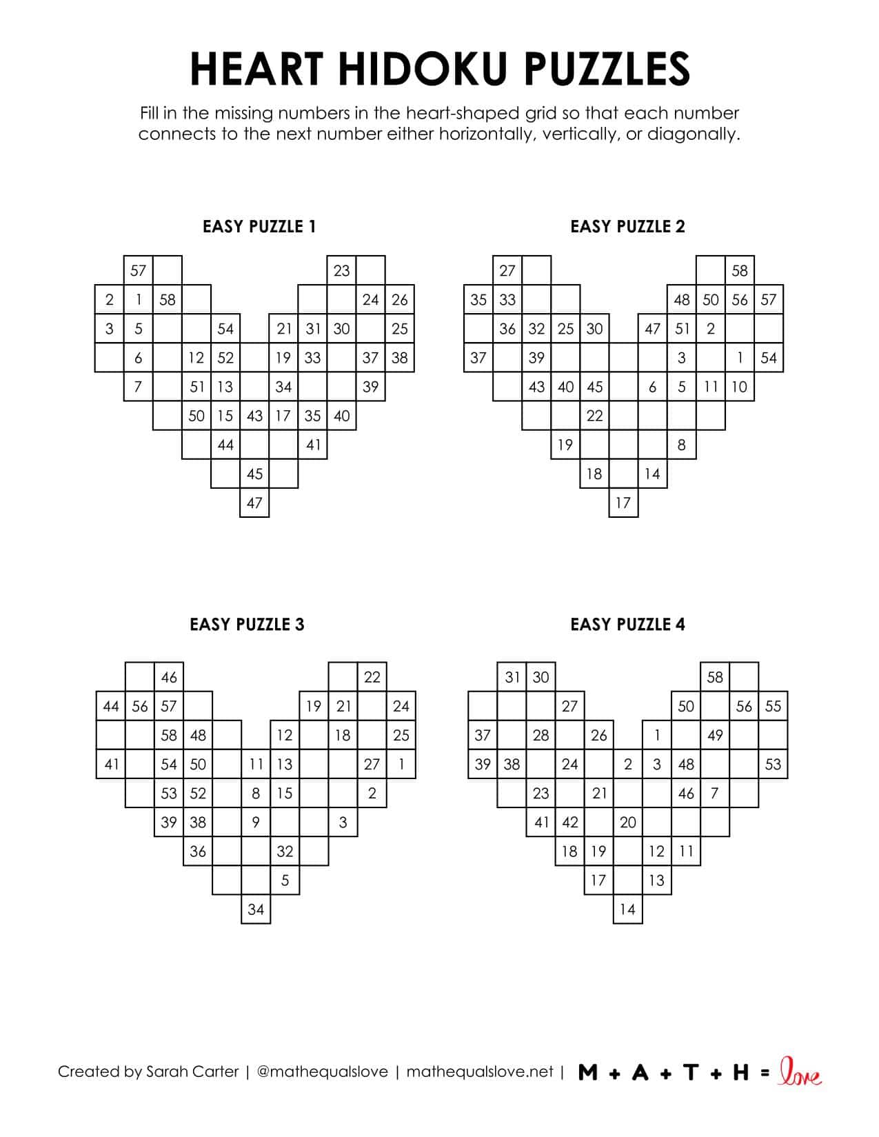 Heart Hidoku Puzzles for Valentine's Day | Math = Love