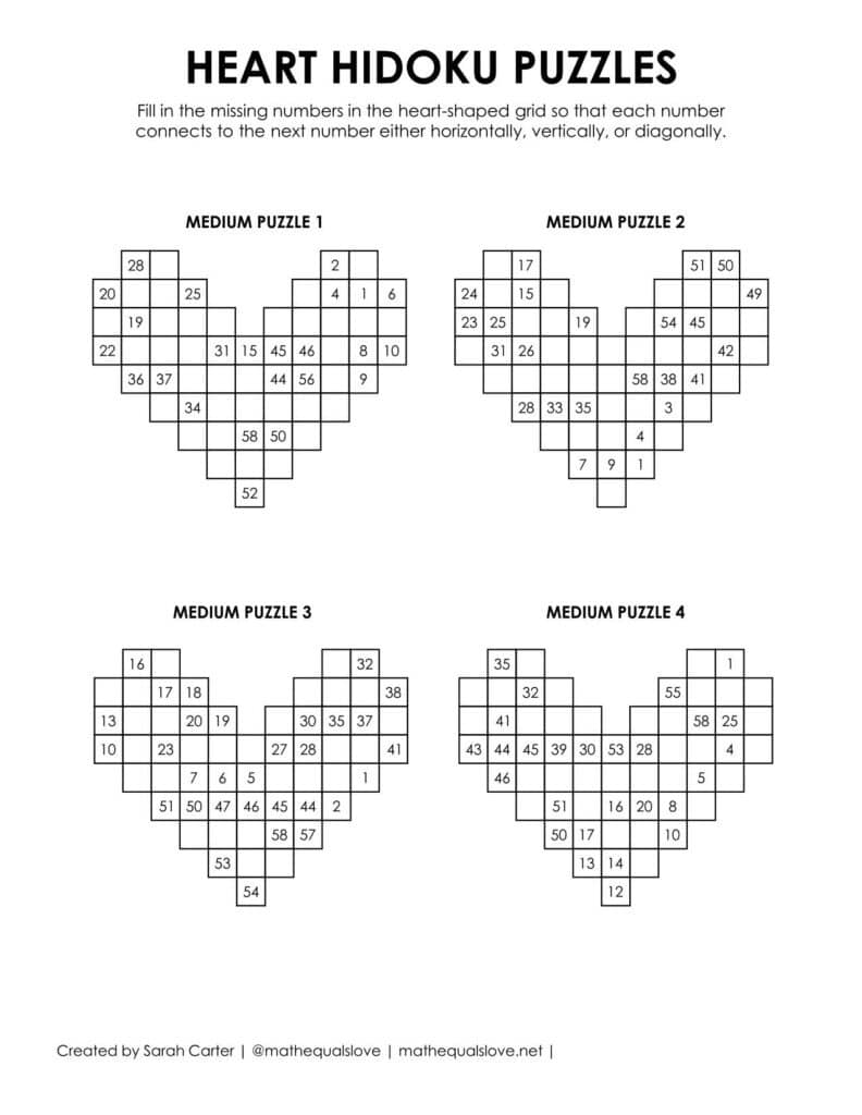 heart hidoku puzzles level medium. 