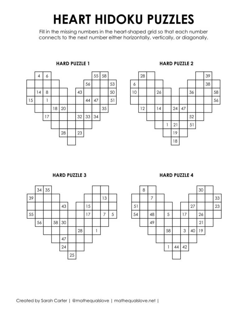 heart hidoku puzzles level hard. 