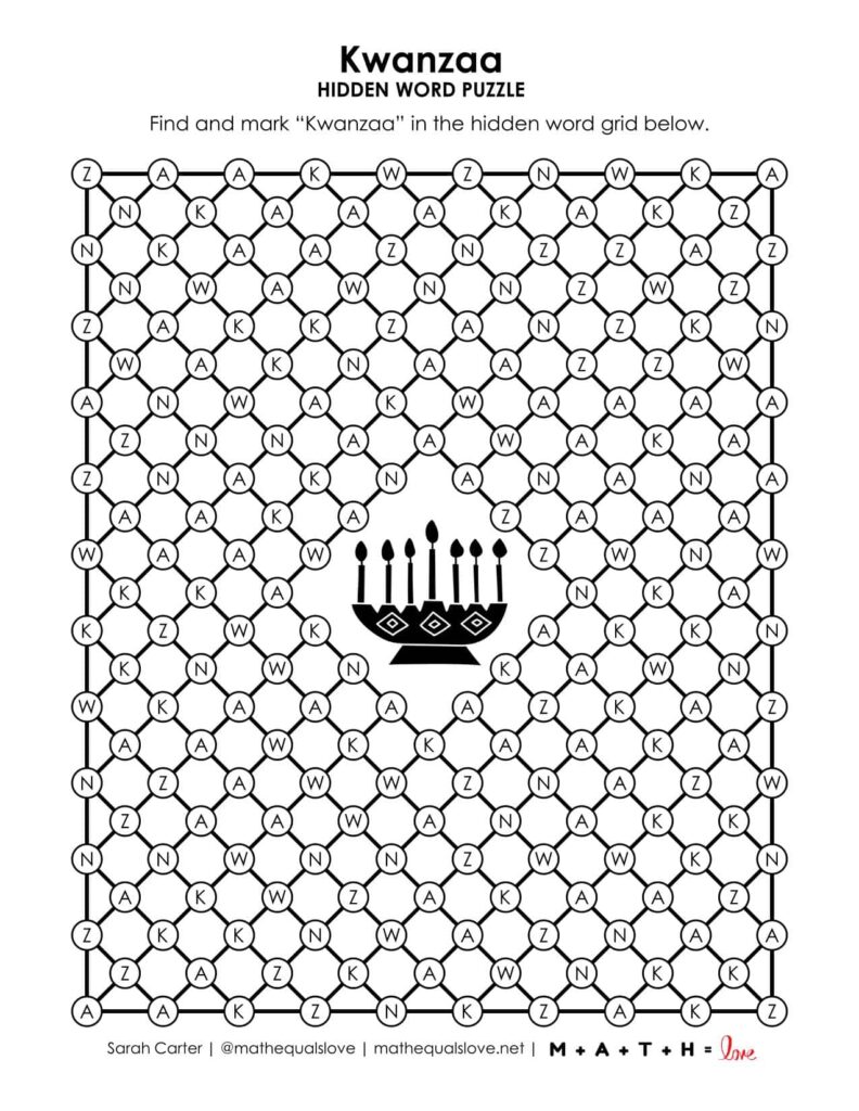 kwanzaa hidden word puzzle screenshot.