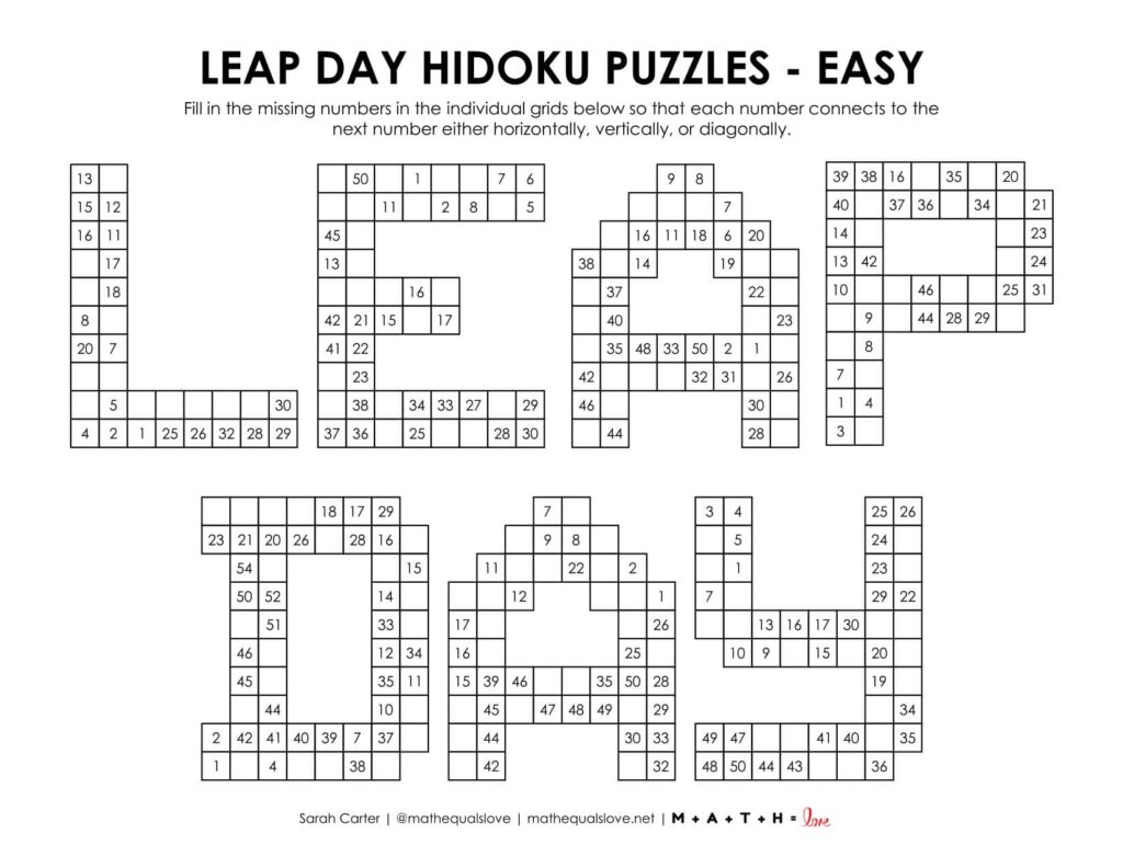 leap day hidoku puzzle level easy.