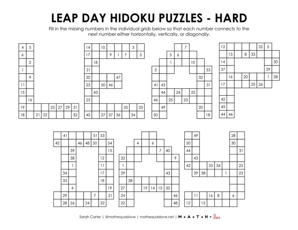leap day hidoku puzzle - level hard.