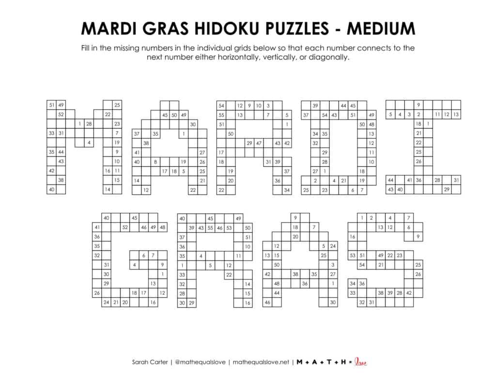 mardi gras hidoku logic puzzle - level medium. 