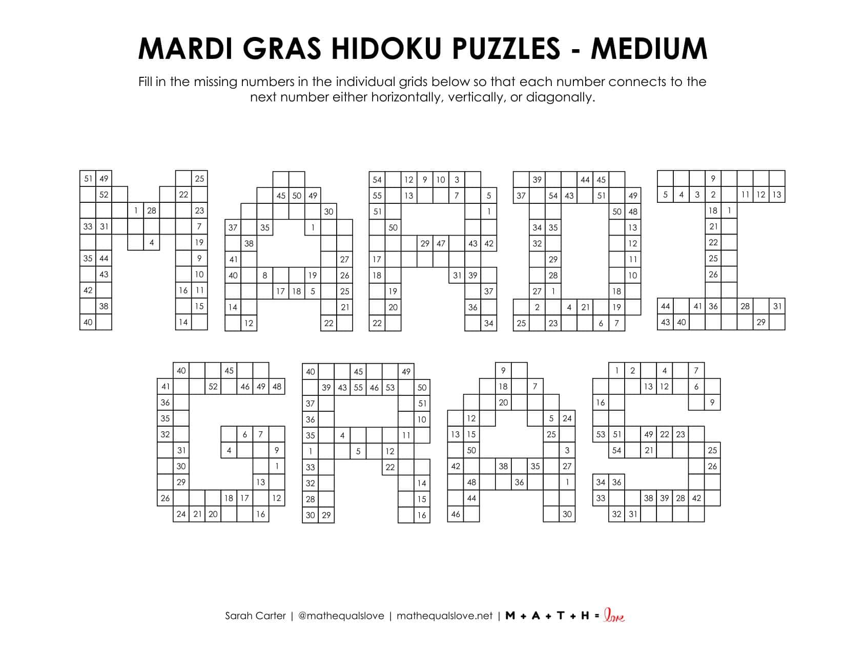 Mardi Gras Hidoku Logic Puzzles | Math = Love