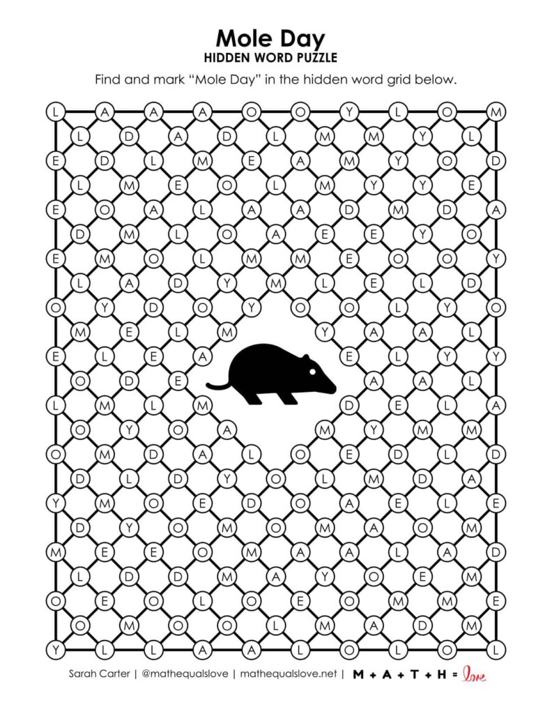 mole day hidden word puzzle printable. 