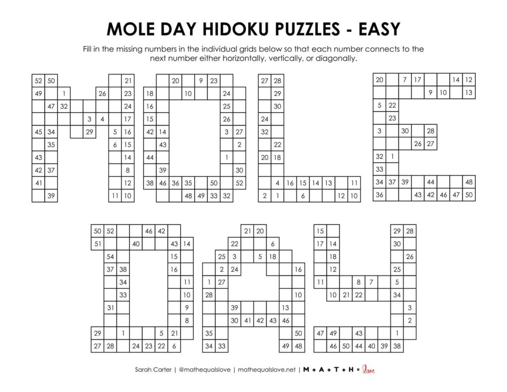 mole day hidoku puzzles level easy. 