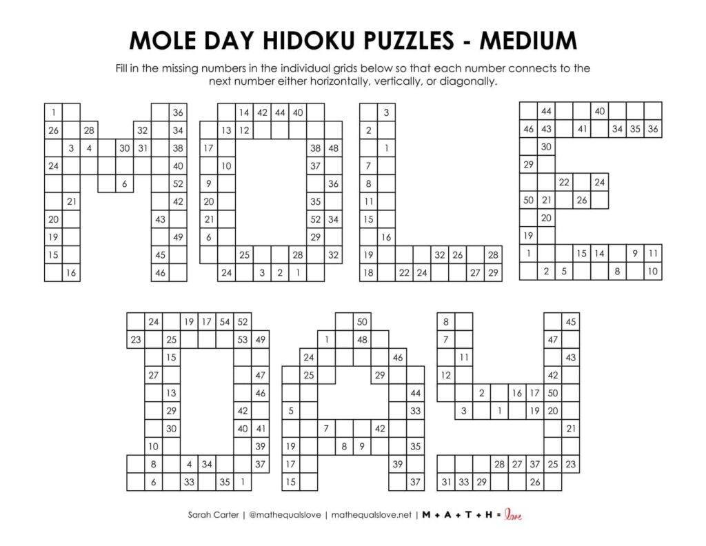 mole day hidoku puzzles - level medium. 