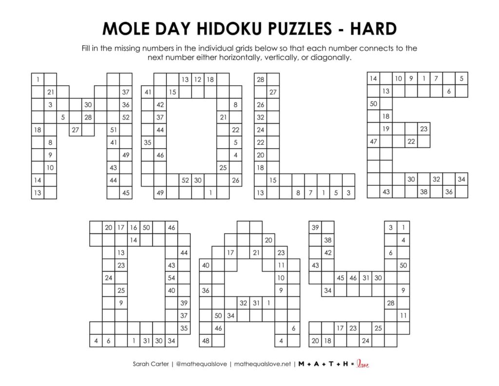 mole day hidoku puzzles level hard. 
