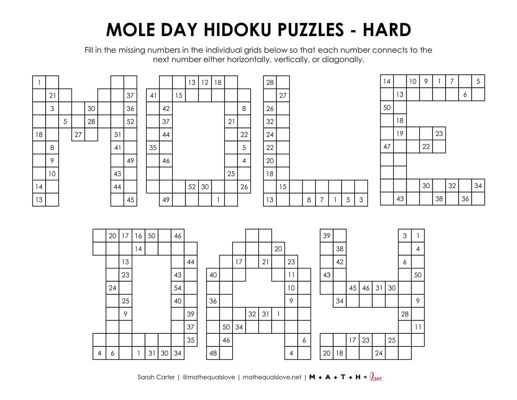 Mole Day Hidoku Logic Puzzles | Math = Love