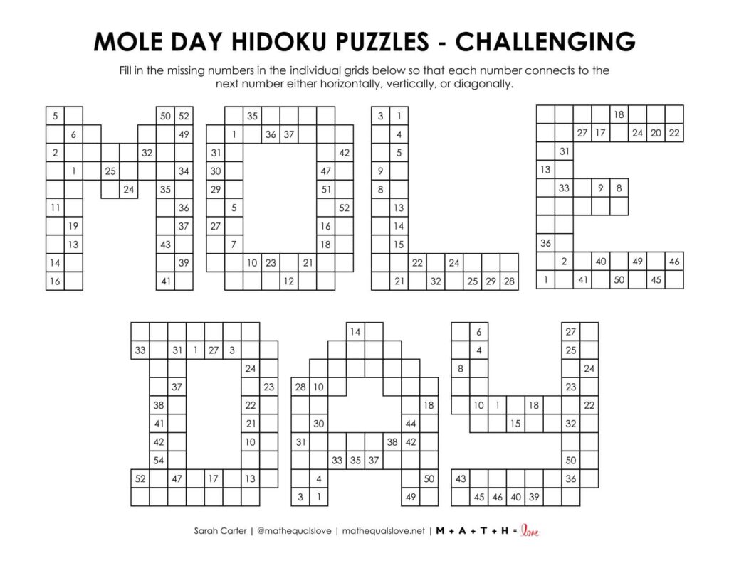 mole day hidoku puzzles level challenging. 