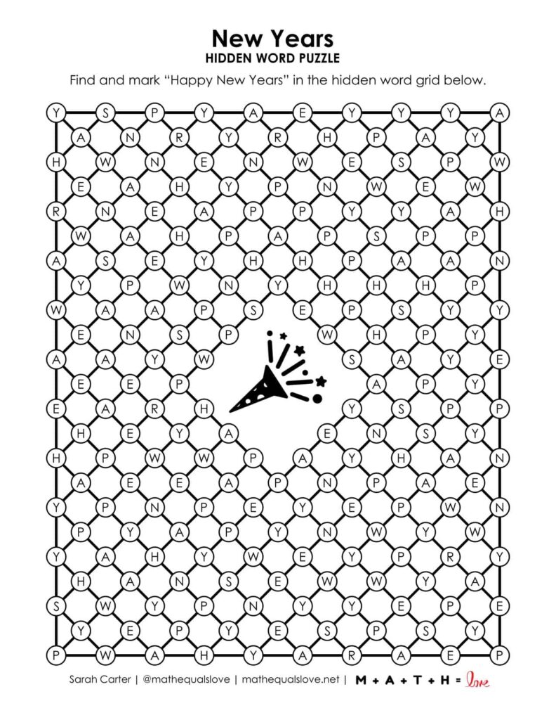 screenshot of new years hidden word puzzle. 