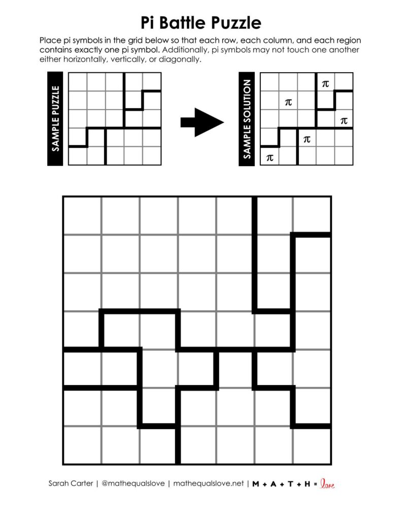 pi battle puzzle with one puzzle per page print option. 