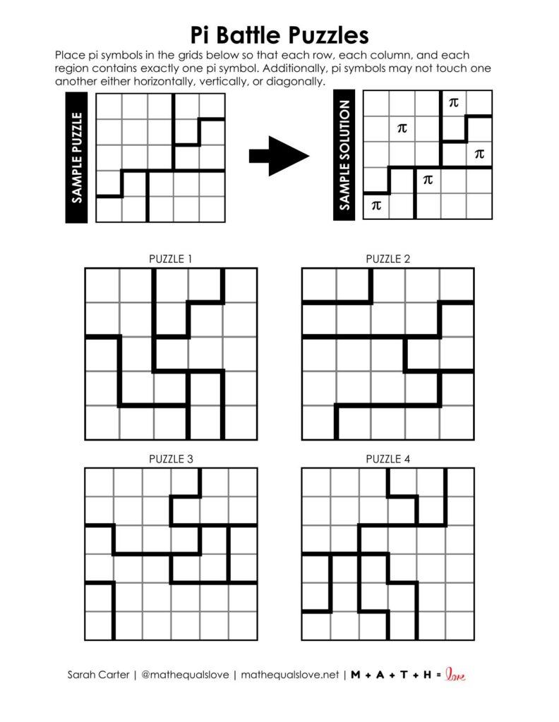 pi battle puzzles with multiple puzzles per page - page 1. 