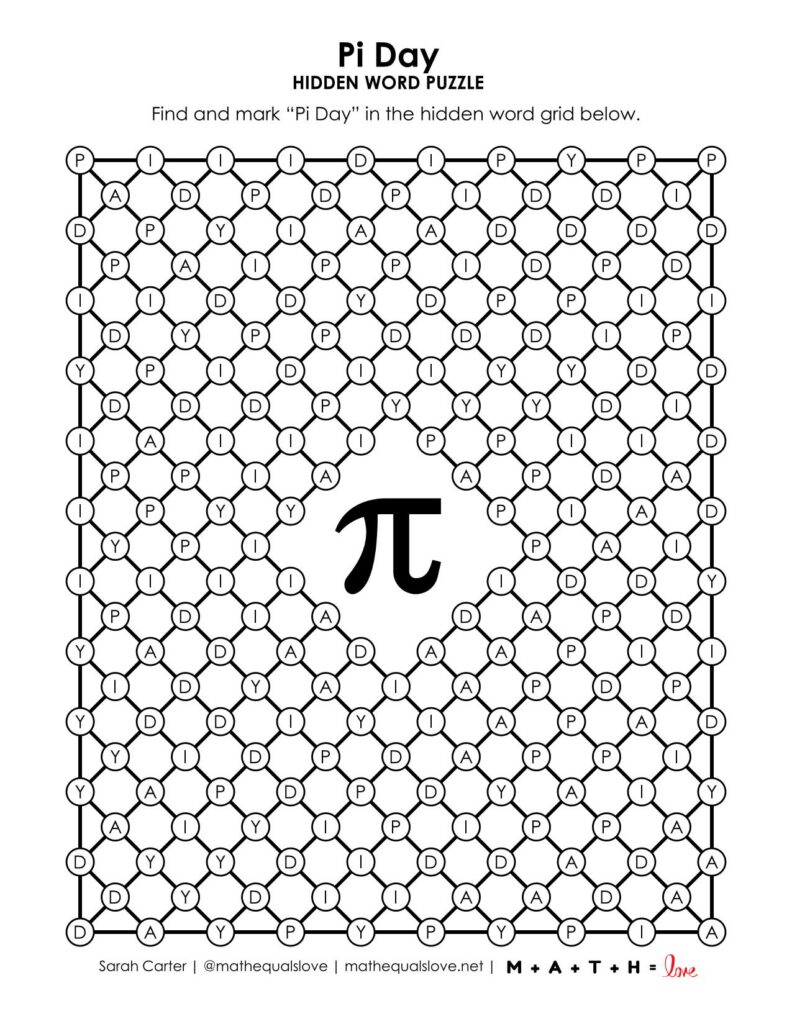 pi day hidden word puzzle printable. 