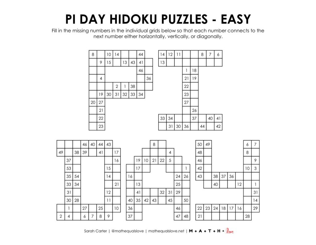 pi day hidoku logic puzzle - level easy. 