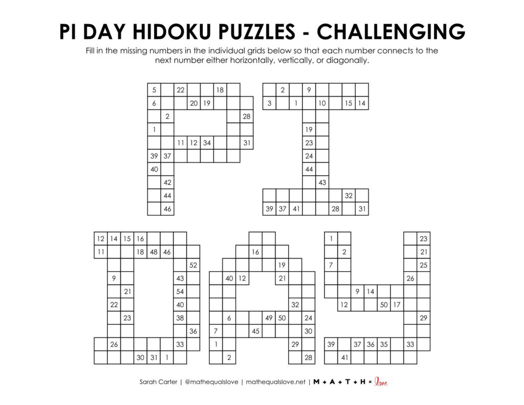 pi day hidoku puzzle - level challenging. 