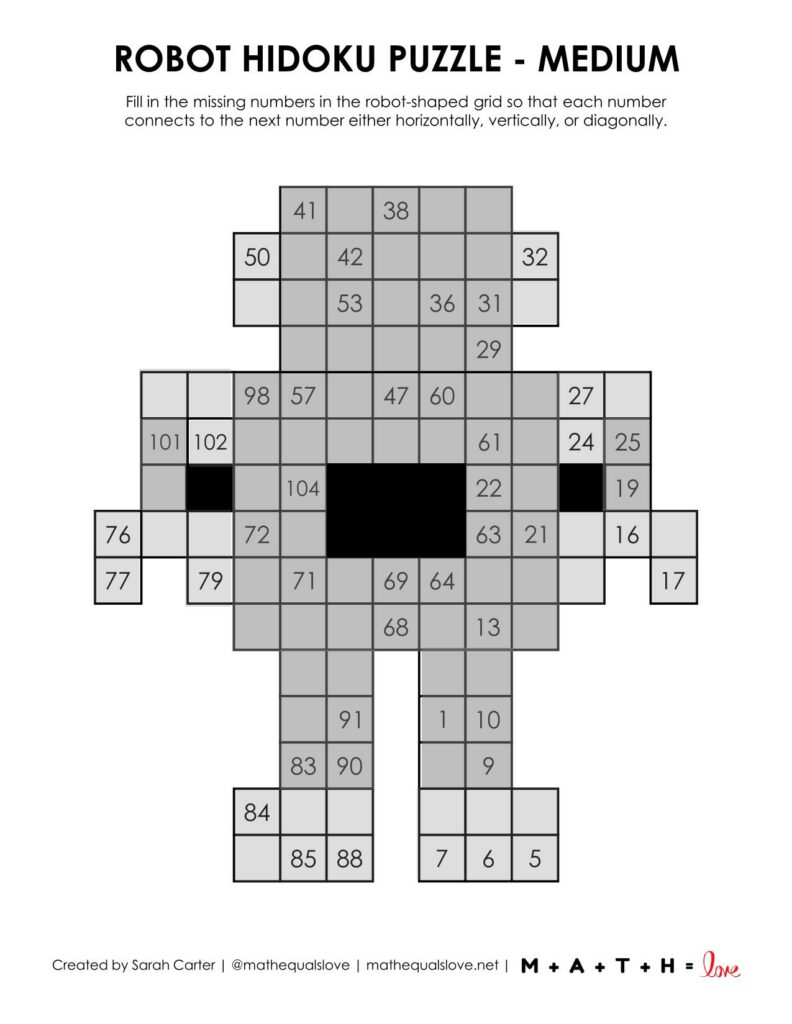 robot hidoku logic puzzle level medium. 